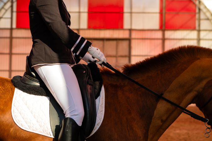 Equestrian practicing dressage in arena