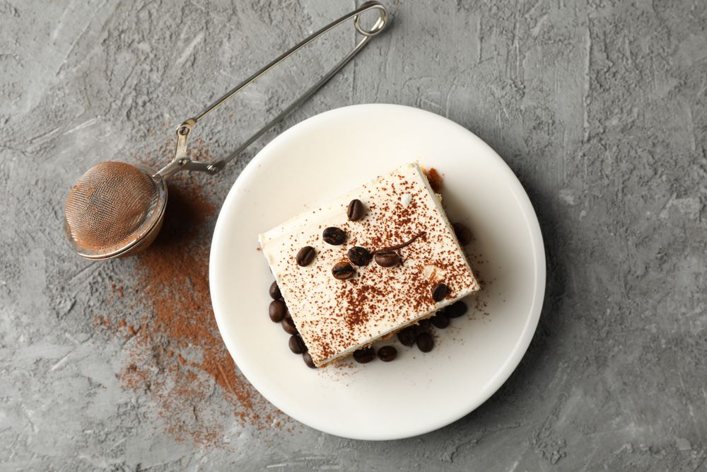Composition with plate of tasty tiramisu on gray background