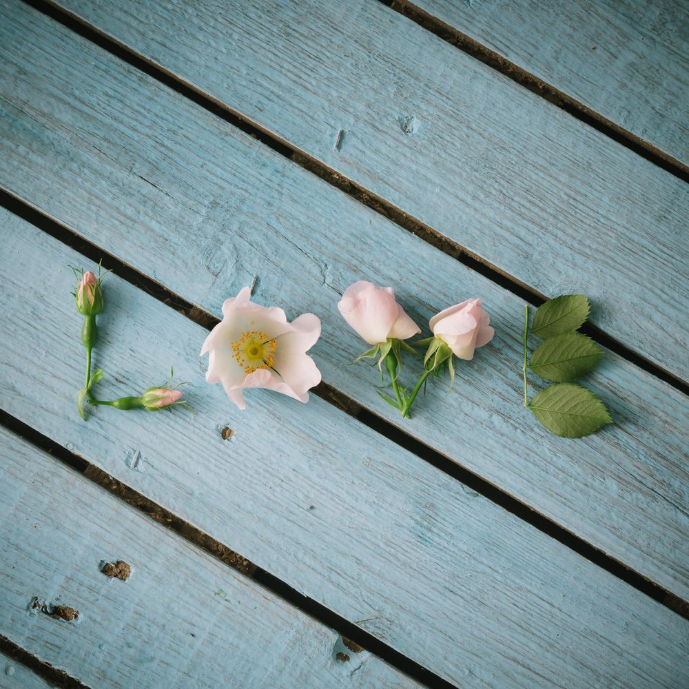 Word LOVE made of flowers and leaves
