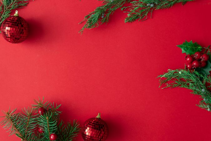 Red Christmas background with winter branches and decorations