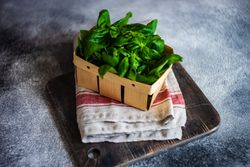 Basket of basil on kitchen towel on kitchen counter