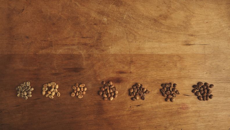 Rows of different grades of roasting beans