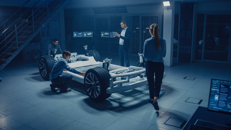 Team of Automotive Engineers Working on Electric Car Platform Chassis, Taking Measures