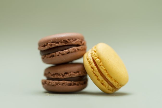 Chocolate & lemon macaroons on a green background