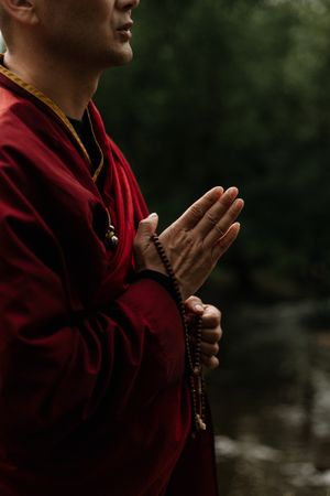 Side view of Buddhist monk praying