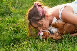 Teen girl playing with the dog