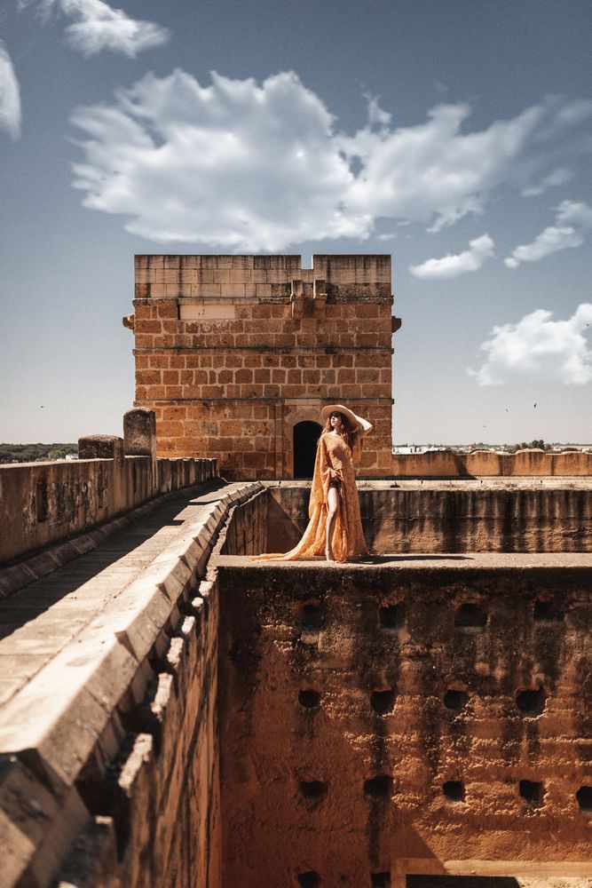Stylish female on old bridge