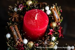 Top view of red Christmas candles with cinnamon and star anise 47QXA0