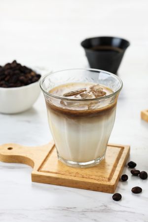 Dirty Coffee Glass, Cold Milk Topped with Hot Espresso Coffee Shot