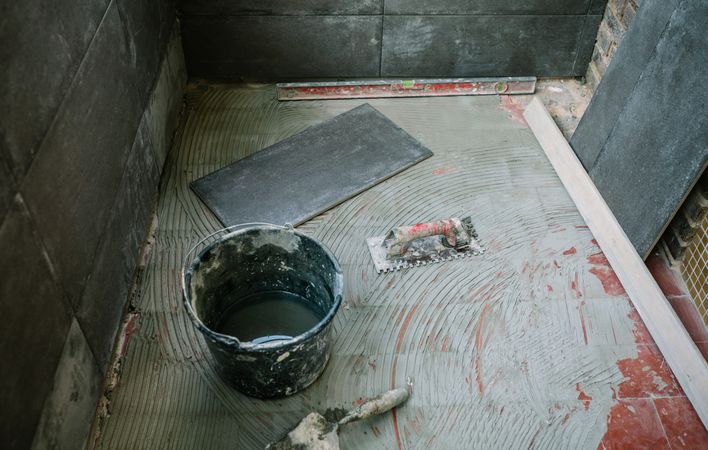 Tile laying work on floor