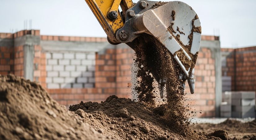 Dynamic excavator unloading soil at construction site creates a powerful visual for infrastructure, development, and progress concepts