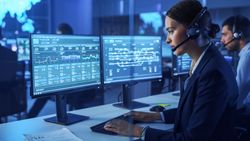 Customer Support Agent Analyzes Data on Multiple Screens in Blue-lit Operations Center.