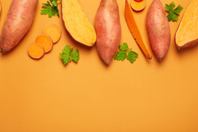 Concept of vegetables, sweet potato, space for text
