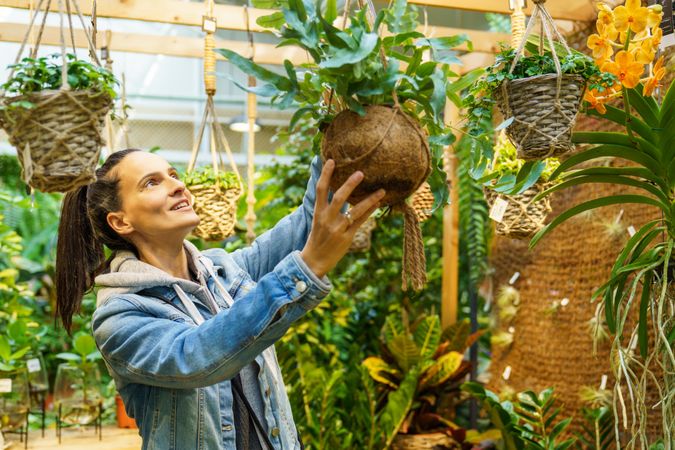 Content Hispanic woman choosing potted plant
