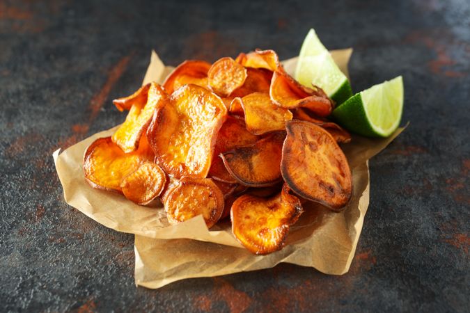 Concept of tasty food, fried sweet potato, close up