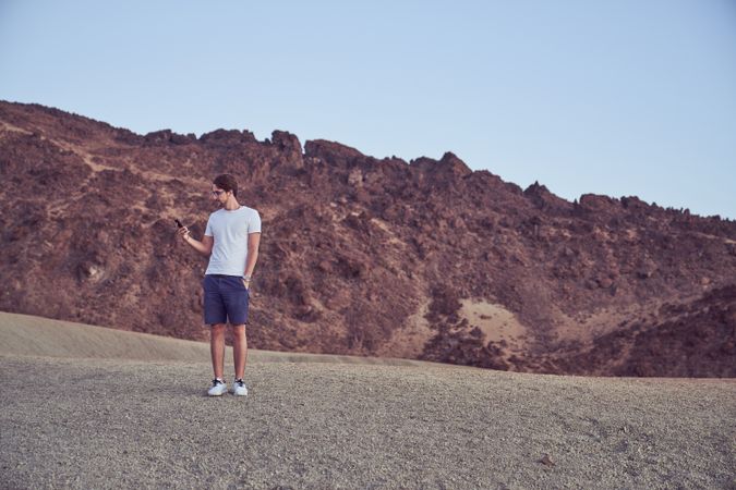 Traveler browsing smartphone in mountains