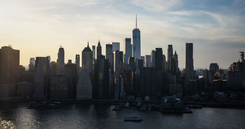 Aerial Cityscape of a New York City Downtown Area in Lower Manhattan. Urban Landscape with Office Buildings and Historic Skyscrapers. Panoramic Shot of an Iconic Travel Destination in North America
