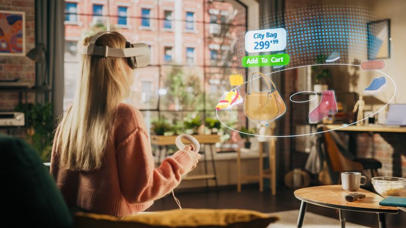 Woman at Home, Using Virtual Reality Headset  for Online Shopping, Browsing through Pictures of Stylish Brand Shoes and Handbags.