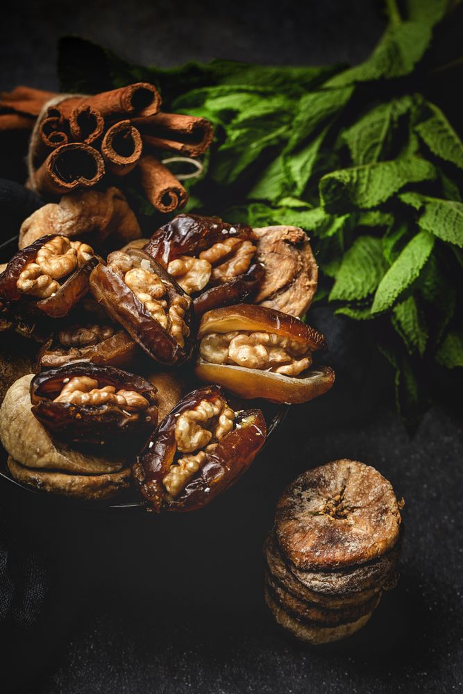 Dates fruits with walnuts, mint and cinnamon for Ramadan