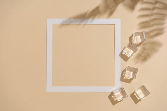 Flat lay of ice cubes on beige background with square and shadow of leaves