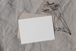 Blank greeting card, invitation mockup with dry flower and craft paper envelope
