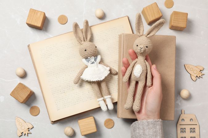 Concept of baby book or books for children, top view