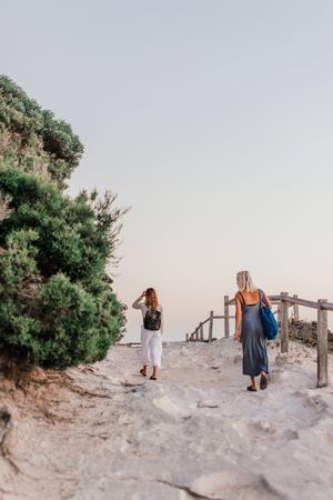 Back view of two women walking on brown sand near green trees