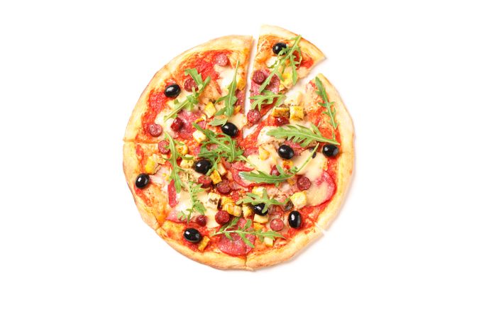 Meat pizza with arugula isolated on blank background, top view