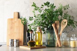 Kitchen table with different supplies and plant