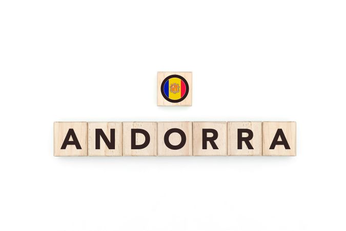 Wooden blocks bearing the name and flag of Andorra.