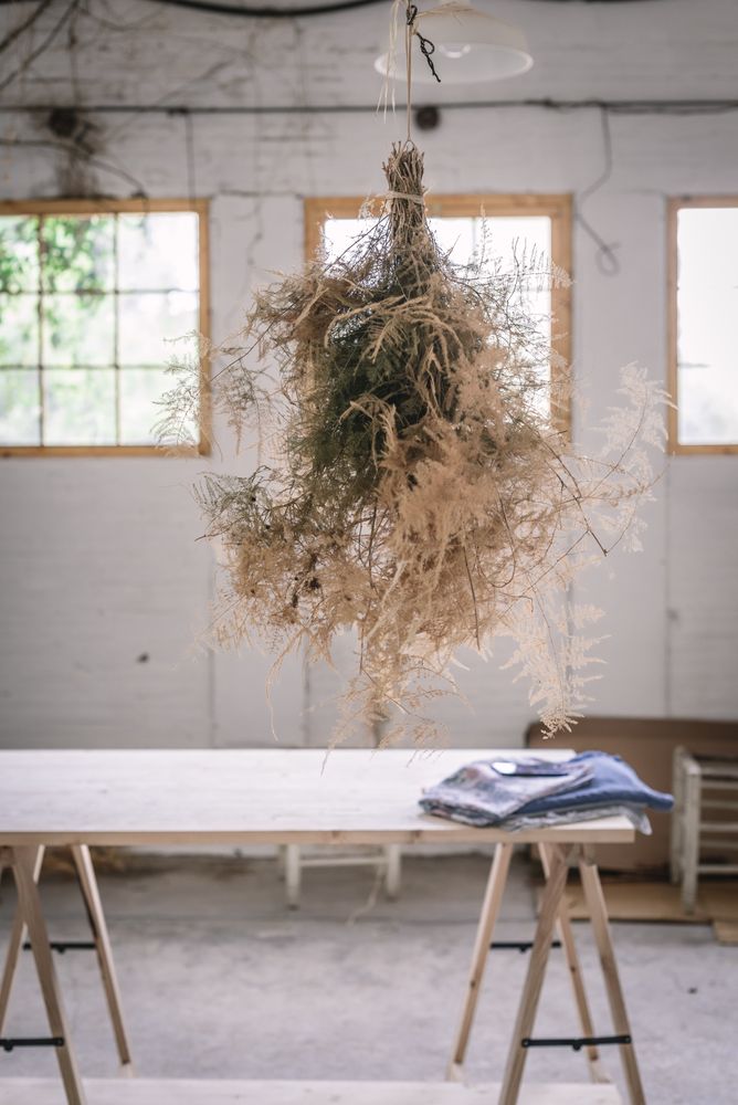 Bunch of plant hanging on thread in room with table