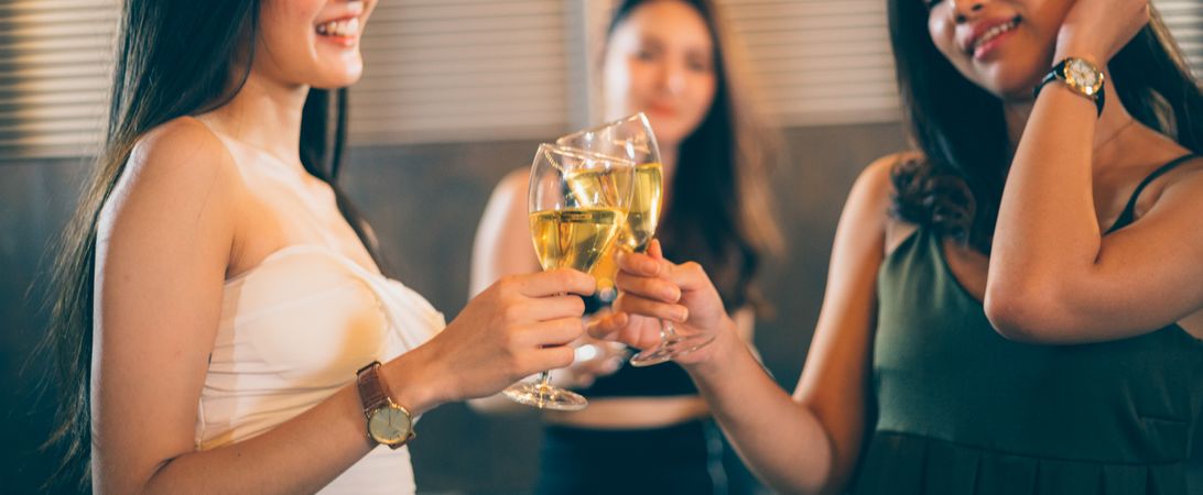 Women gathering and toasting glasses of wine at a party