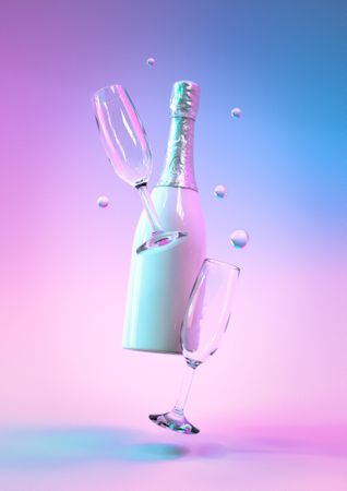 Champagne bottle with glasses ultraviolet and holographic neon lights