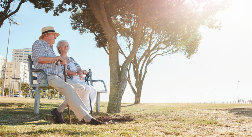 Relaxed older couple sitting on park bench under a tree