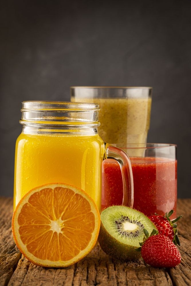 Variety of fruit juices. Fruit smoothies.