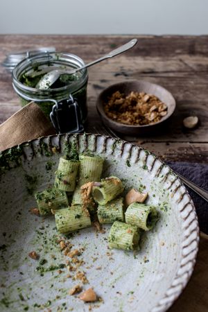 Pasta paccheri with kale pesto and nuts