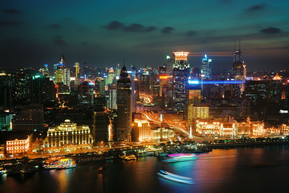 High-angle view of city skyline during night time