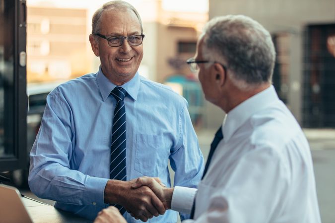 Mature businessman shaking hands with male colleague