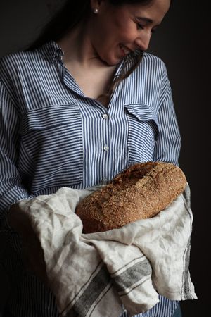 Freshly baked rye bread on linen napkin