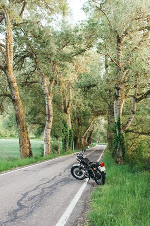 Motorcycle on countryside road near grass
