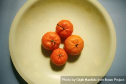 Looking down at four clementines arranged on a plate 5olG94