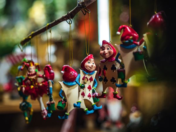 Close up of figurine ornaments in Christmas market
