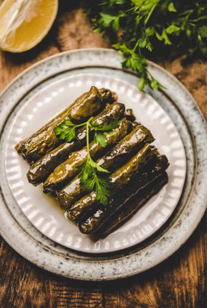 Plate of stuff grape leaves, vertical composition