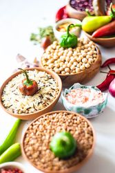 Bowls of dried beans and rice for chilli