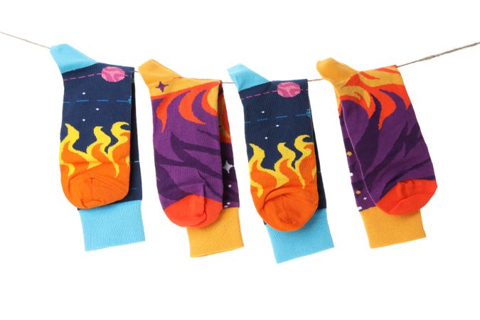 socks with a bright print on the lace, isolated on a light background.