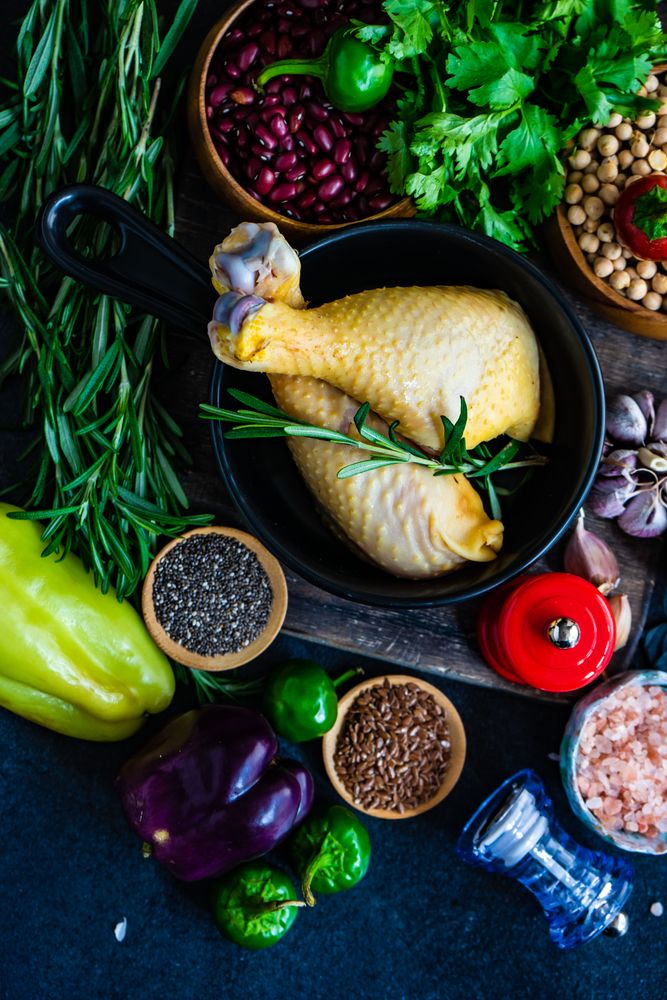 Turkey legs in bowl surrounded by ingredients for dinner