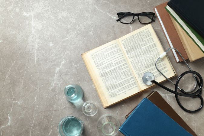 Concept of medical education and books, space for text