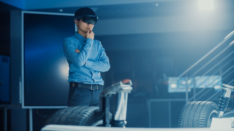 Automotive Engineer Working on Electric Car Chassis Platform, Using Augmented Reality Headset.