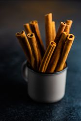 Side view of cinnamon sticks in container