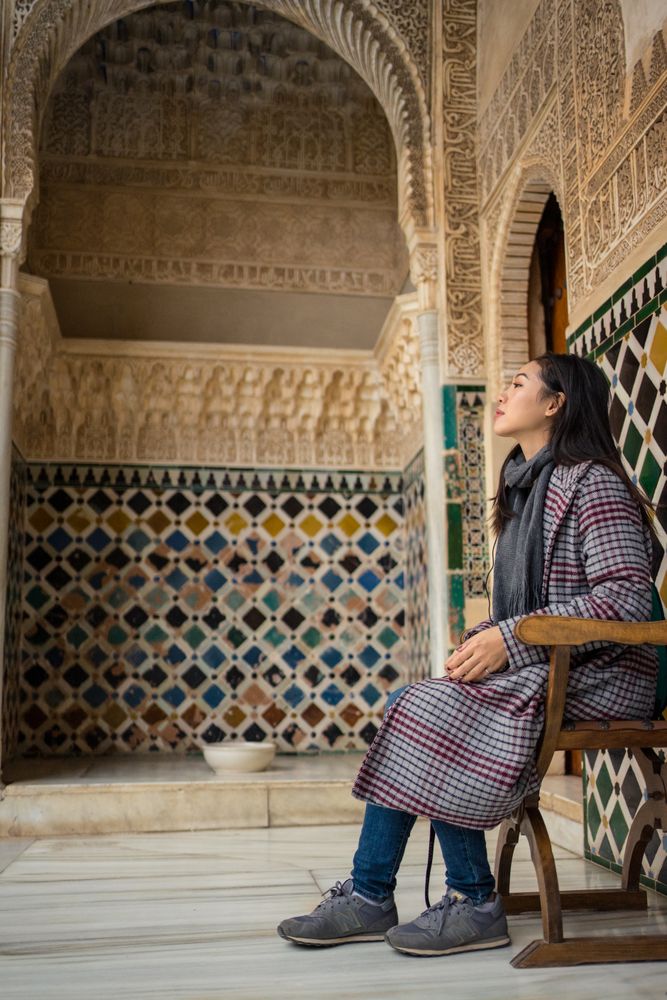 Asian woman resting in ancient palace